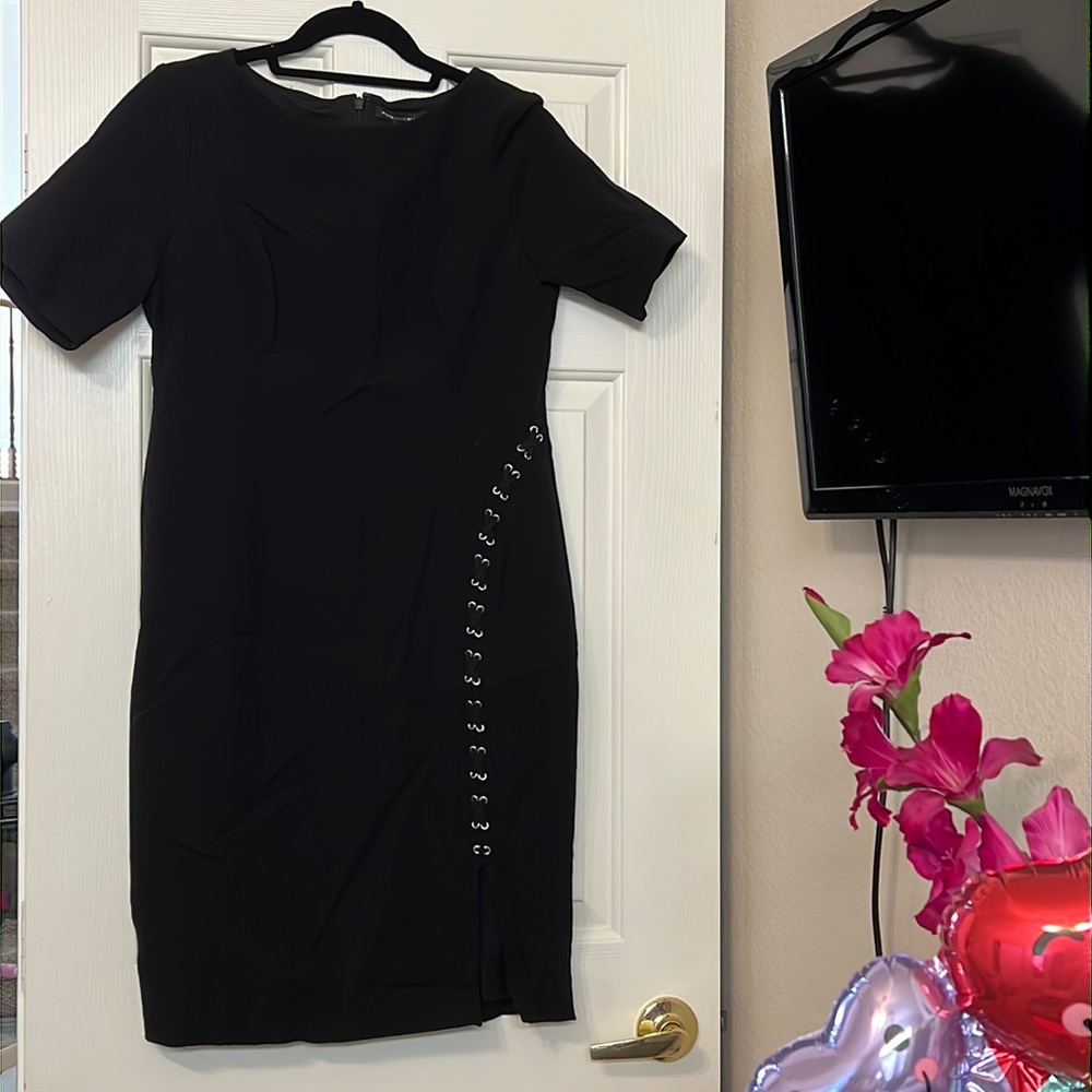 WHBM structured black midi dress with tie detail